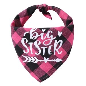 Close-up of pink plaid cotton dog bandana with white big SISTER text print