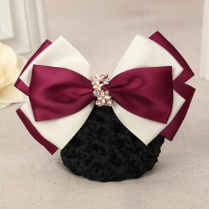 Filet à cheveux professionnel élégant avec nœud bordeaux et beige et strass