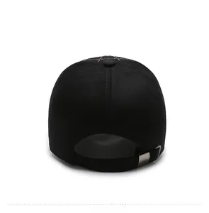 Rear view of black baseball cap with adjustable metal buckle and twill fabric texture