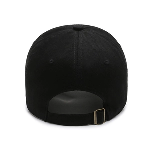 Rear view of washed black cotton baseball cap with adjustable gold metal buckle