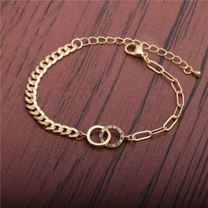 Gold punk hip hop bracelet with colorful zircon double rings and mixed chain design