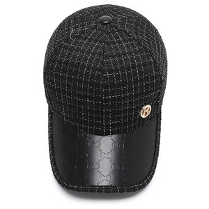 Retro tweed baseball cap with gold logo and embossed leather brim for women