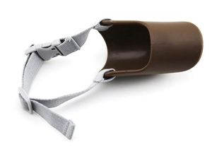 Coffee brown silicone duck muzzle for dogs with adjustable grey nylon strap and buckle