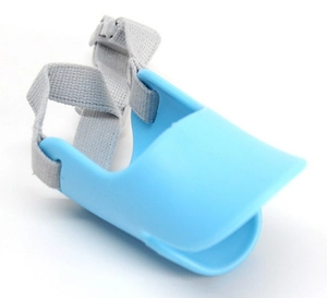 Detail view of light blue silicone duckbill dog muzzle with durable grey nylon webbing