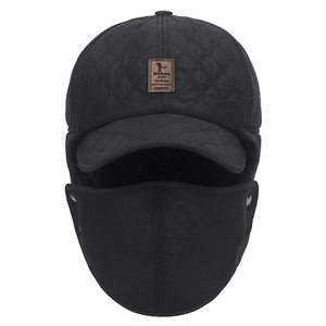Quilted winter trapper hat with windproof ear flaps and face mask for outdoor warmth