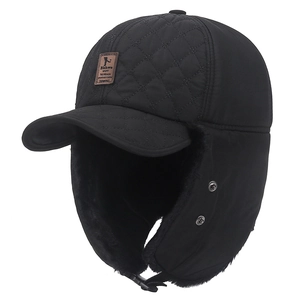 Black winter trapper hat with quilted design, fleece lining and ear flaps for men