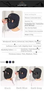 Detailed winter trapper hat specs showing thick fleece lining and windproof mask design