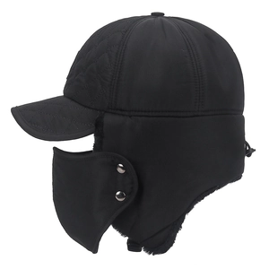 Mens winter black trapper hat with windproof fabric and removable mask for cold weather