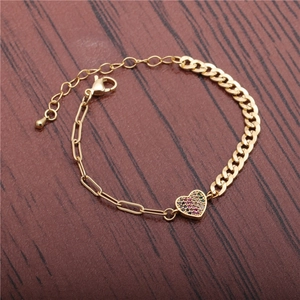 Punk hip-hop bracelet with colorful zircon heart pendant and gold plated mixed chains