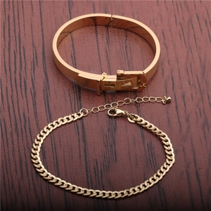 Punk style gold plated stainless steel belt buckle bangle and cuban link chain jewelry set