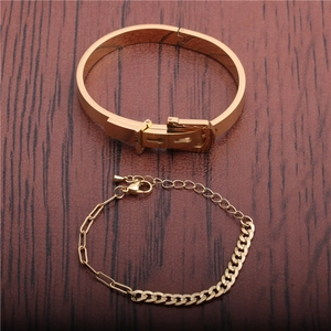 Gold hip-hop jewelry set with buckle cuff bangle and thick curb chain bracelet