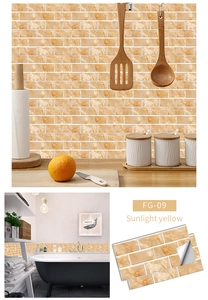 Détail de stickers muraux 3D marbre jaune soleil pour crédences de cuisine et salle de bain
