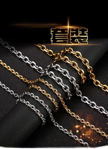 Macro shot of stainless steel O-chain necklaces in three colors and various thicknesses