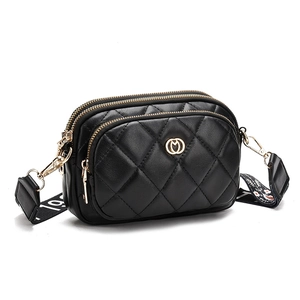 Chic black quilted PU leather crossbody bag with triple zippers and floral wide strap