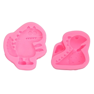 Pink cartoon dinosaur silicone cake molds set featuring T-Rex shapes for DIY baking and crafts