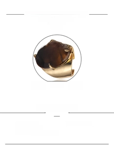 Detail view of adjustable golden fashion ring featuring a natural tiger eye stone inlay