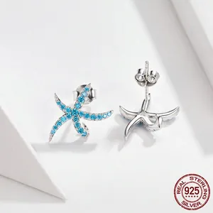 925 Sterling Silver starfish stud earrings with blue crystals for women ocean style jewelry
