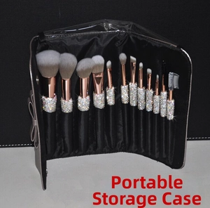 Close-up of 12-piece rhinestone makeup brush set with portable gray storage case