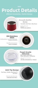 Detailed view of 304 stainless steel interior and silicone lid of the 12oz wine tumbler