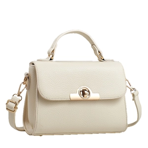 Elegant beige litchi grain leather shoulder bag with gold twist lock and handle