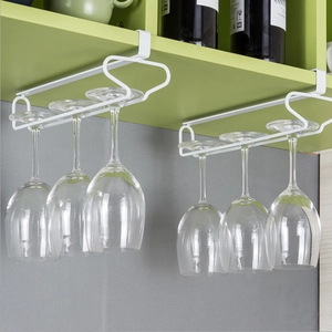 White metal under-cabinet wine glass rack with punch-free hanging design and multiple slots