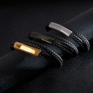 Men's double-layered woven leather bracelet with polished metal plates in gold silver and black
