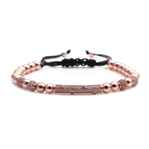 Rose gold Evil Eye beaded bracelet with micro-paved zircons and adjustable black cord