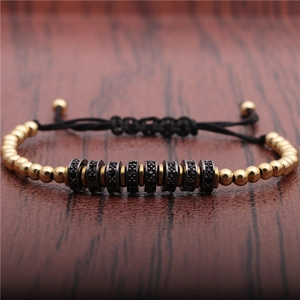 Adjustable woven wheel bracelet with micro-pave cubic zirconia and black beads
