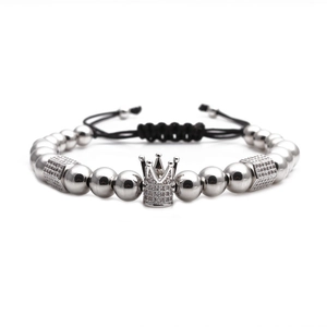 Crown Charm Braided Bracelet With Copper Beads And Cubic Zirconia Adjustable Cord Jewelry For Men And Women