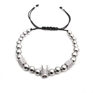 Silver crown hexagonal zircon beaded bracelet with adjustable black braided cord