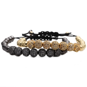 Fashion bead bracelet with gold and black zircon balls on adjustable woven rope