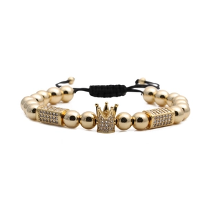 Crown Charm Beaded Bracelet Micro Pave Zircon Copper Metal Beads Adjustable Braided Rope Jewelry For Men Women