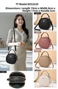 Detail view of round crossbody bag showing 19x8x17cm dimensions and four color variants