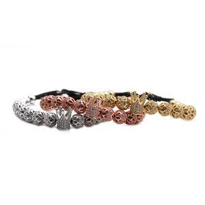 Adjustable crown charm bracelets with micro-pave zirconia beads in gold and silver