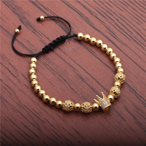 Adjustable crown charm bracelet with zircon paved beads and gold spherical accents