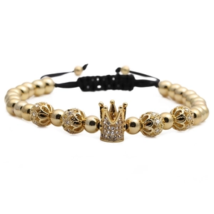 Crown Beaded Bracelet Micro Inlaid Cubic Zirconia Copper Metal Beads Adjustable Braided Rope Hip Hop Fashion Jewelry