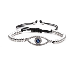 Silbernes Evil Eye Armband mit blauen Zirkonia und schwarzer verstellbarer Kordel