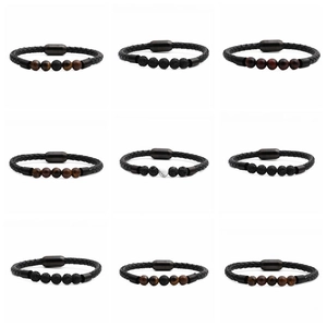 Showcase of nine braided leather bracelets with various natural stone beads and magnetic clasps