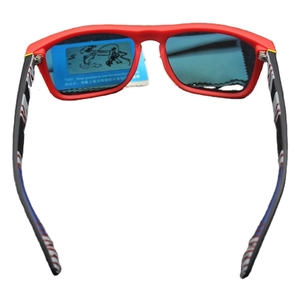 Polarized sunglasses with red frame and blue lenses shown from a rear overhead perspective