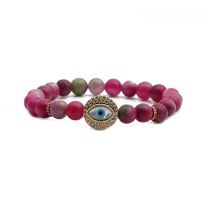 Agate matte beaded bracelet with evil eye charm and rhinestones for men and women