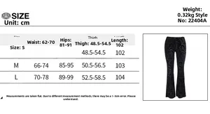 Size chart for dark flared trousers showing waist and hip measurements in centimeters