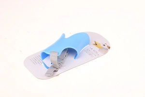 Detail of blue silicone duck beak dog muzzle in size L with adjustable nylon strap