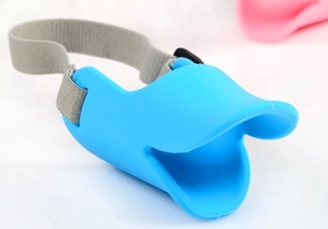Blue silicone duck-billed muzzle with adjustable gray nylon strap and buckle for dogs