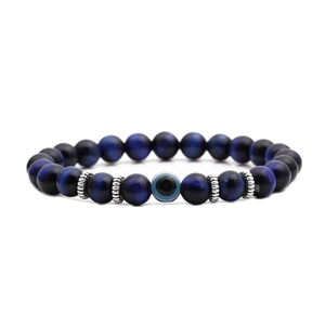 8mm dark blue tiger eye bead bracelet with blue evil eye charm on white background