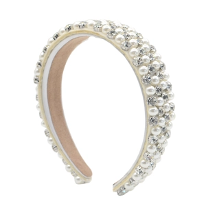 Elegant wide headband with baroque white pearls and clear crystals on pink velvet base