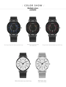 Detailed view of Geneva quartz watches with mesh straps and vibrant colored indicators