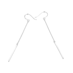 Minimalist silver chain drop earrings with linear metal bar in polished stainless steel