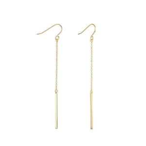 Detailed macro view of minimalist gold plated stainless steel long chain hook earrings