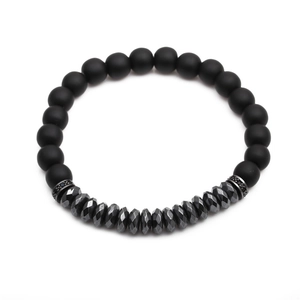 Men's beaded bracelet with matte black onyx and faceted dark grey hematite stones