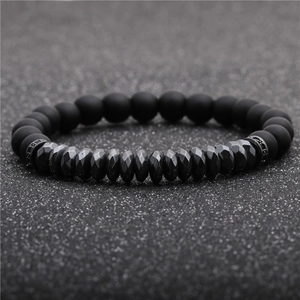 Black matte stone beaded bracelet with 6mm hematite spacers and micro-inlaid zircon